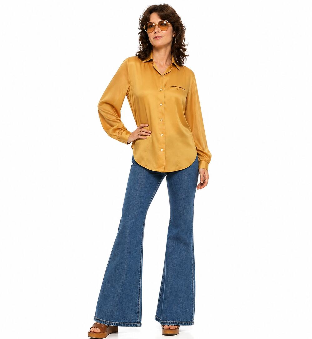 Vintage 70s Women's Small Laura Mae Mustard Button Front Blouse